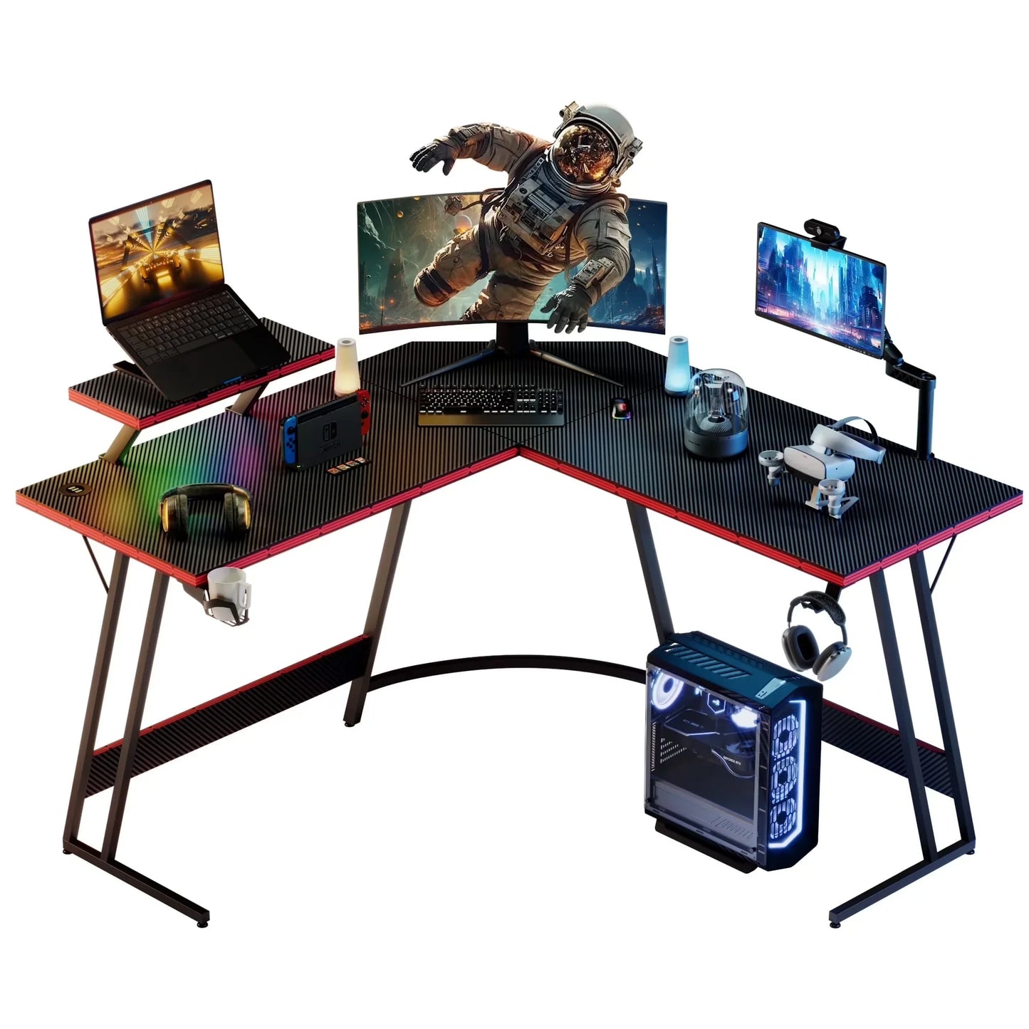 L-Shaped Gaming Desk 51.2 Inches Corner Office Gaming Desk with Removable Monitor Riser, Pink
