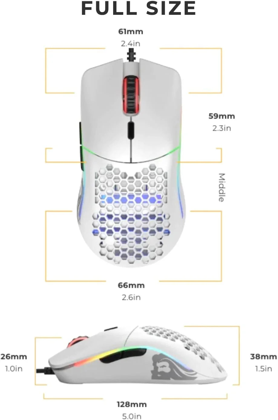 full size white honeycomb gaming mouse with RGB lighting and red scroll wheel dimensions shown