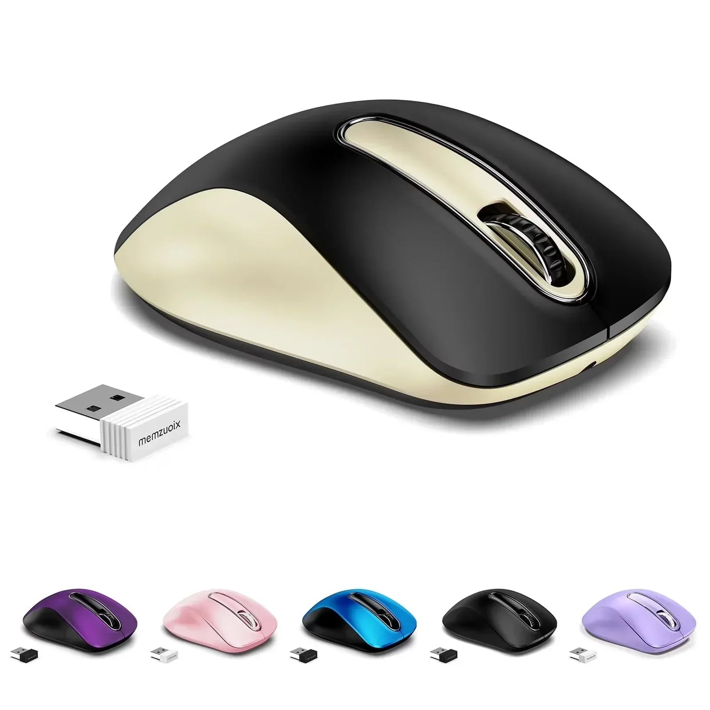 Wireless computer mouse in multiple colors with USB receiver, ideal for gaming setup