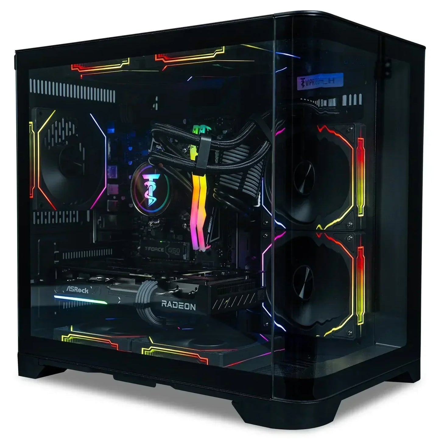 RGB gaming PC with transparent side panel, illuminated fans, and Radeon graphics card
