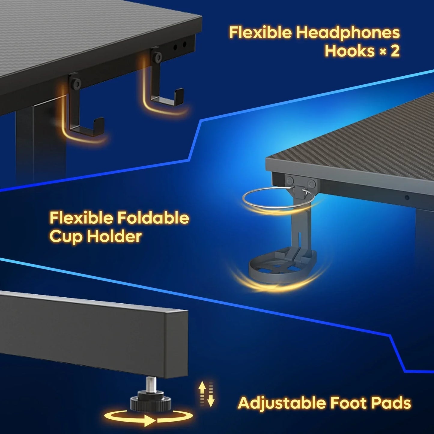 Gaming desk features flexible headphone hooks, foldable cup holder, and adjustable foot pads