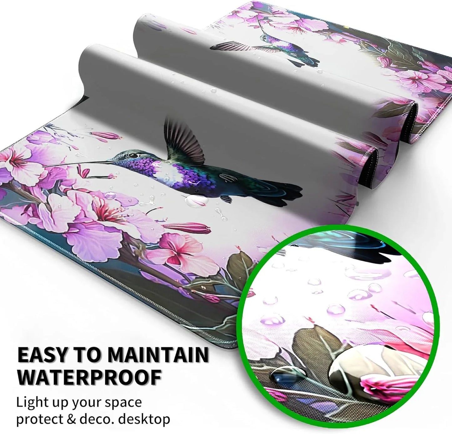 Waterproof desk mat with vibrant hummingbird and pink floral design, easy to maintain and protect desktop