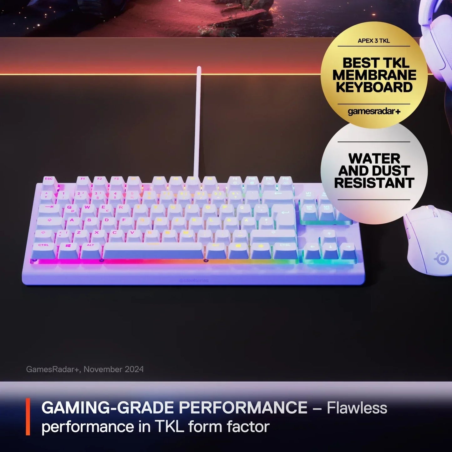 White RGB gaming keyboard and mouse on desk, TKL design, water and dust resistant, Byte Style