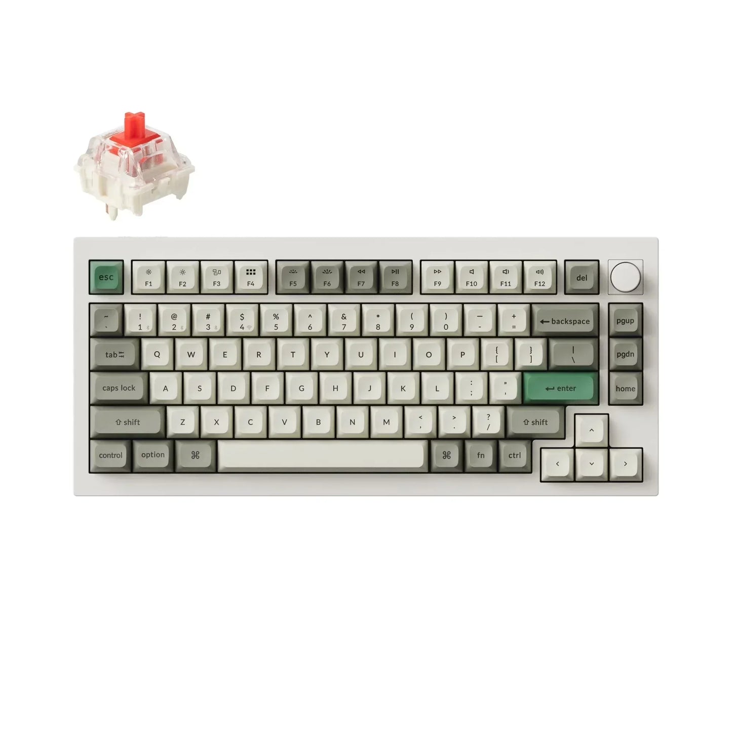 Retro 8-bit style mechanical keyboard with green keycaps and red switch, modern gaming gear