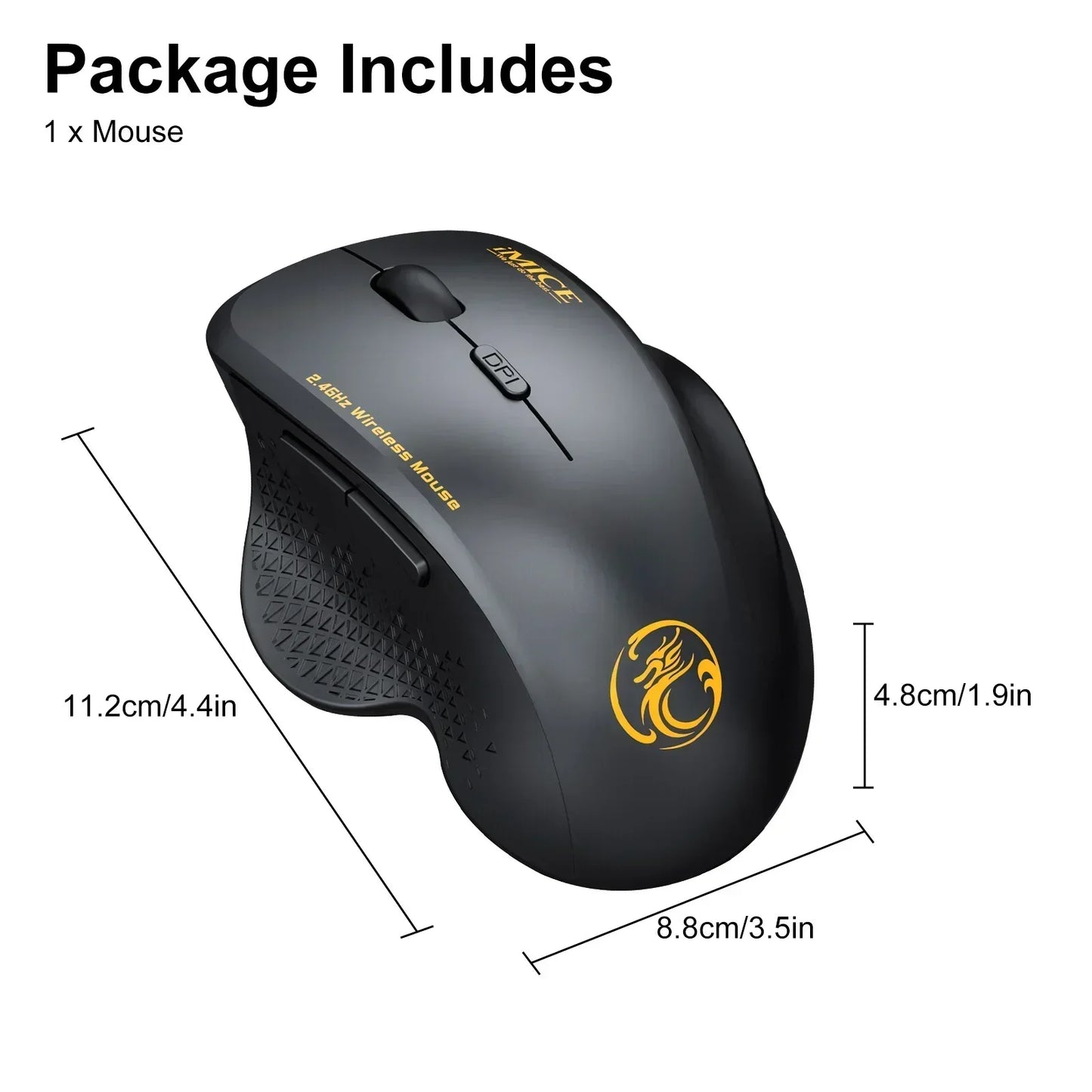 Black ergonomic 2.4GHz wireless gaming mouse with gold dragon logo and measurements shown