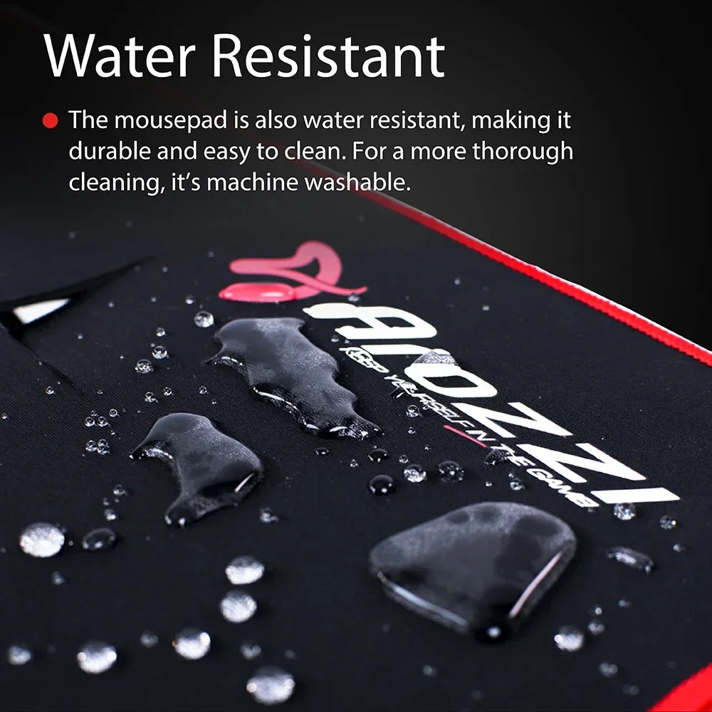 Black Arozzi gaming mousepad with water droplets showing water resistant surface and red edging