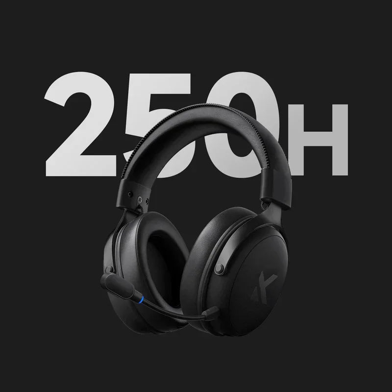 Black gaming headset with 250H battery life, featuring mic and sleek design for PC gaming setups