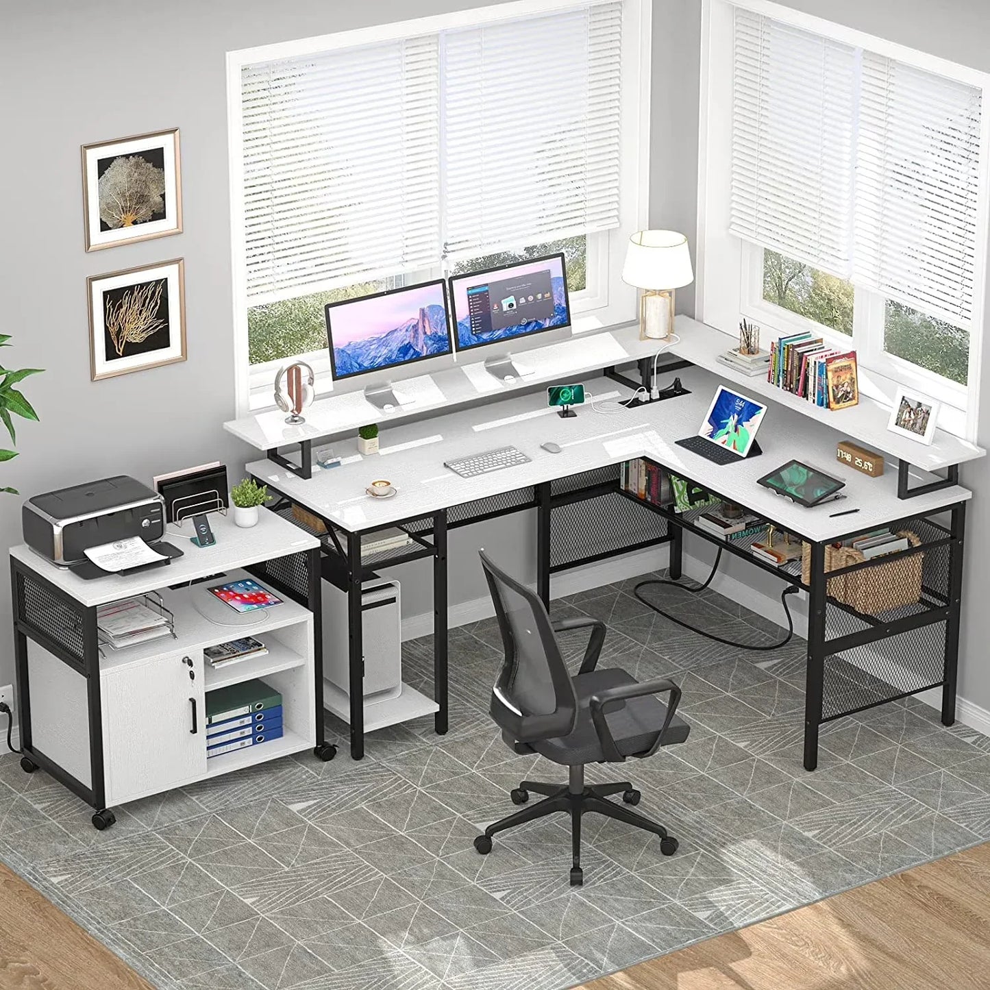 L Shaped Desk with Power Outlets and LED Light, 55 Inch Reversible L-Shaped Gaming Desk with Monitor Stand, Ergonomic Corner Computer Desk with Storage Shelf for Home Office, White