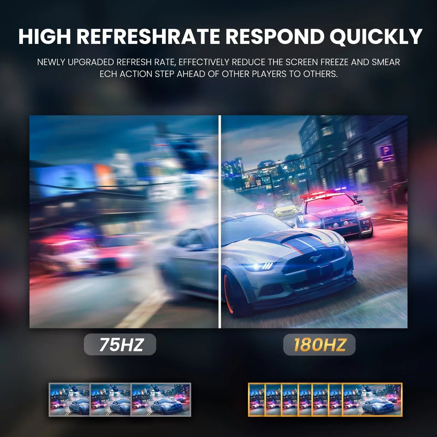 Comparison of 75Hz and 180Hz refresh rate showing clearer, smoother racing car and police chase image at 180Hz