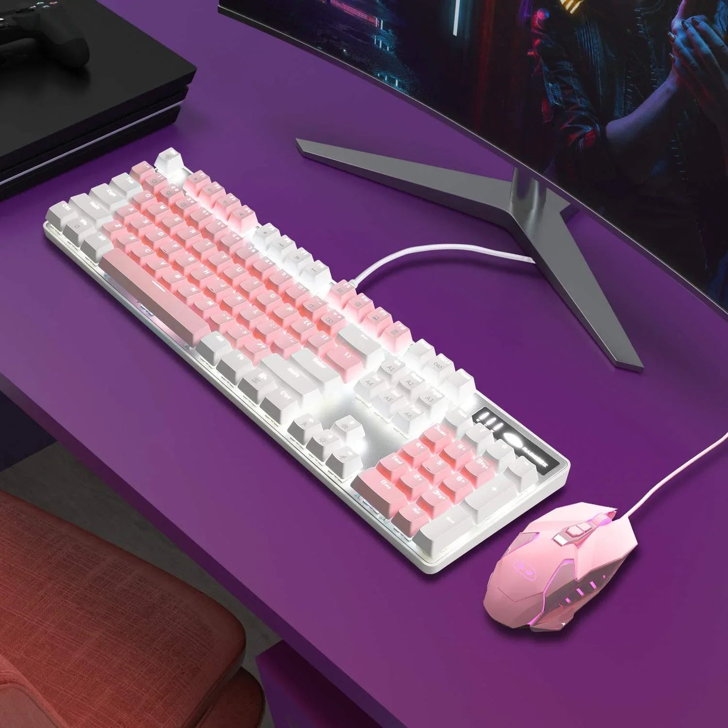 White and pink RGB mechanical keyboard and pink gaming mouse on purple desk with monitor stand
