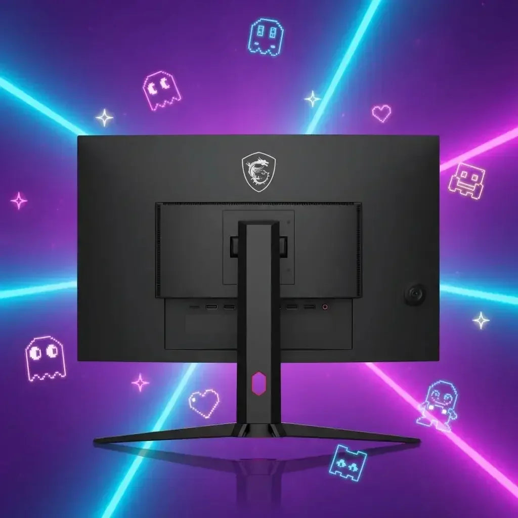 Rear view of MSI gaming monitor with black stand and neon pixel art ghosts on purple background