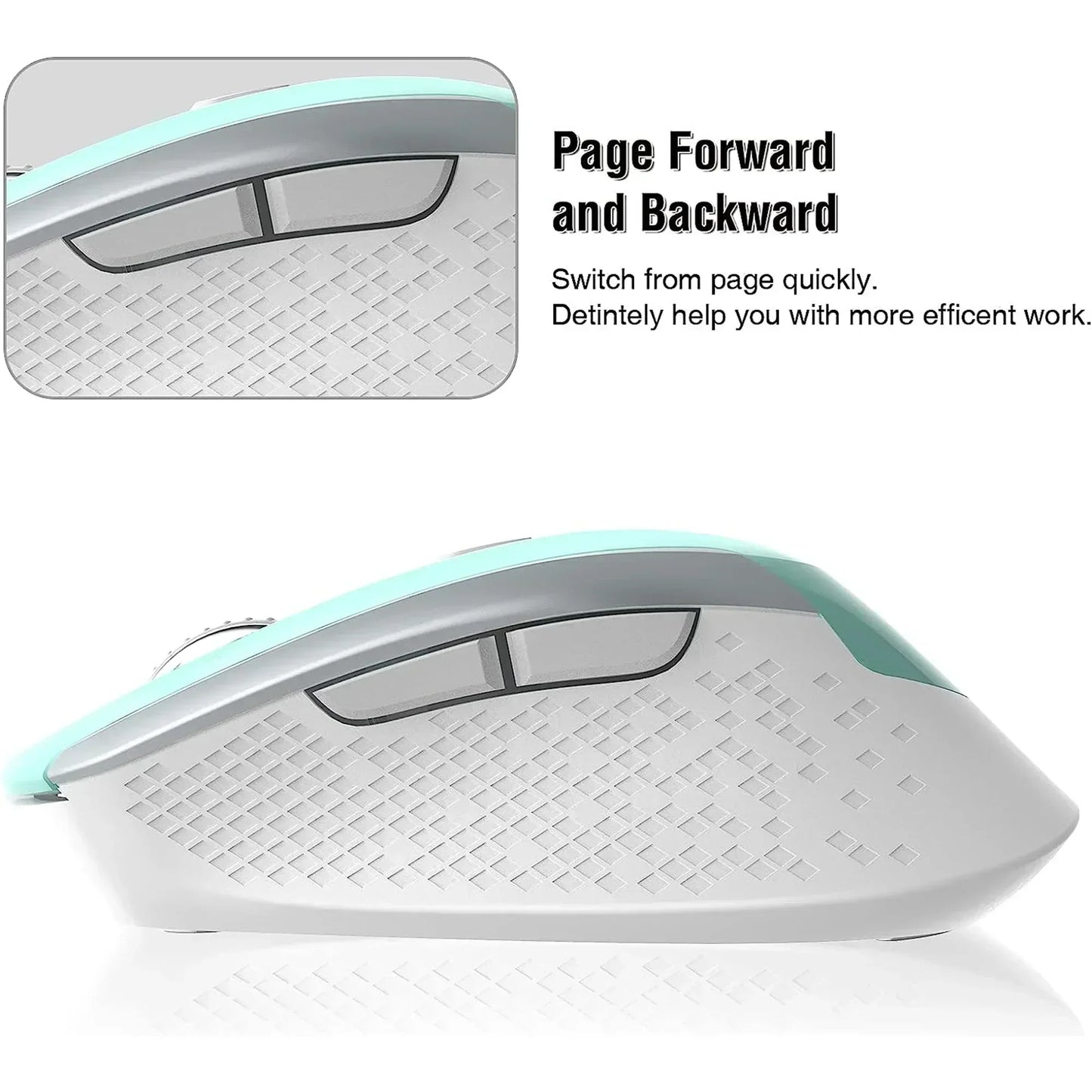 Side view of ergonomic gaming mouse with page forward and backward buttons, white and teal design