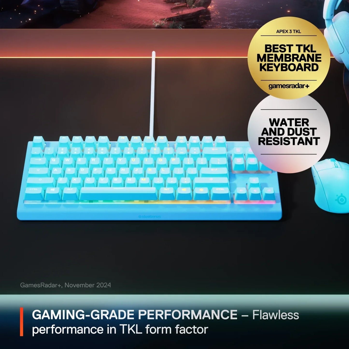 Blue SteelSeries gaming keyboard with RGB lighting, TKL form factor, water and dust resistant