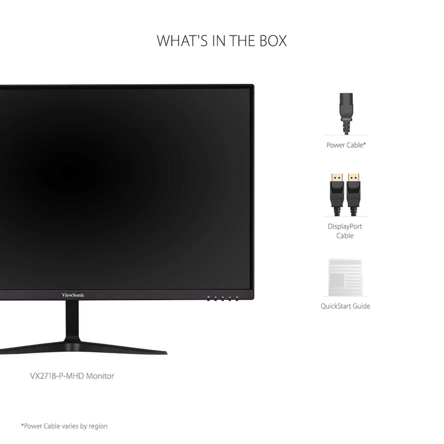VX2718-P-MHD gaming monitor with power cable, DisplayPort cable, and QuickStart guide included