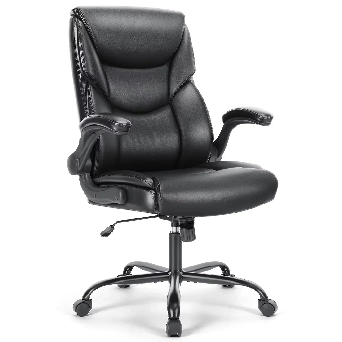 Black leather gaming office chair with adjustable armrests and rolling casters for ergonomic comfort