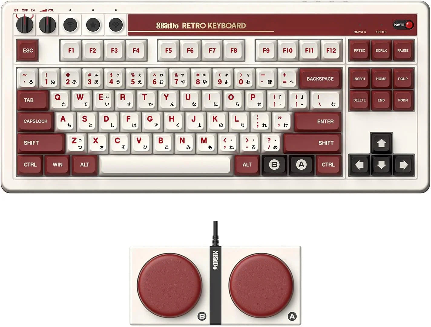 Retro 8-bit style mechanical keyboard with Japanese keycaps and matching circular button accessory.