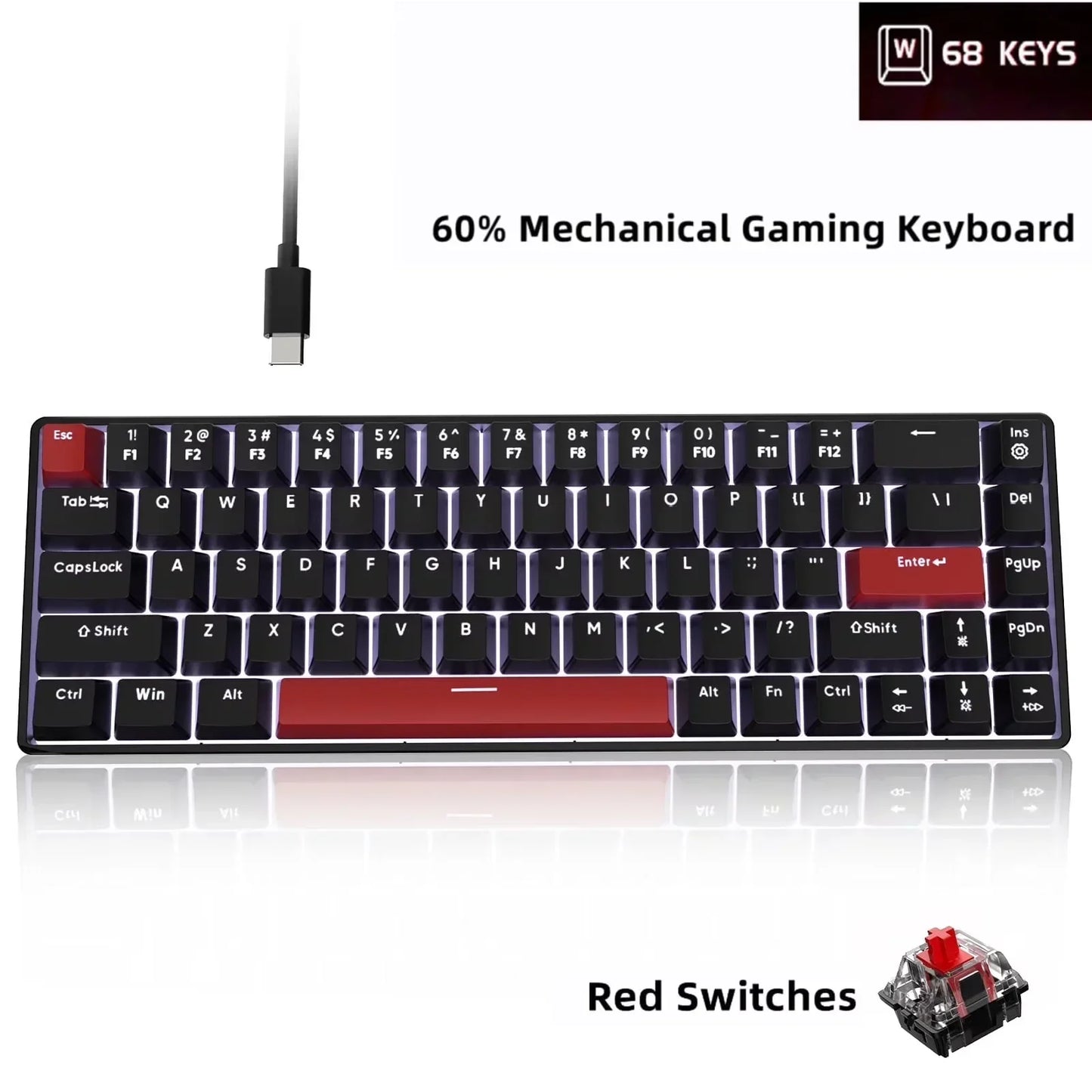 68-key 60% mechanical gaming keyboard with RGB backlight, red switches, black and red keycaps.
