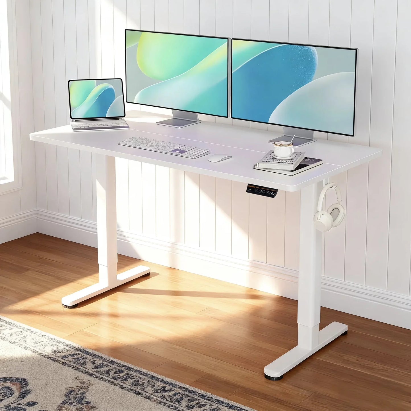 48" Electric Standing Desk - Adjustable Height Stand up Home Office Desk, Sit to Stand Desk with Splice Board, Rustic Brown Computer Table for Corner Small Space