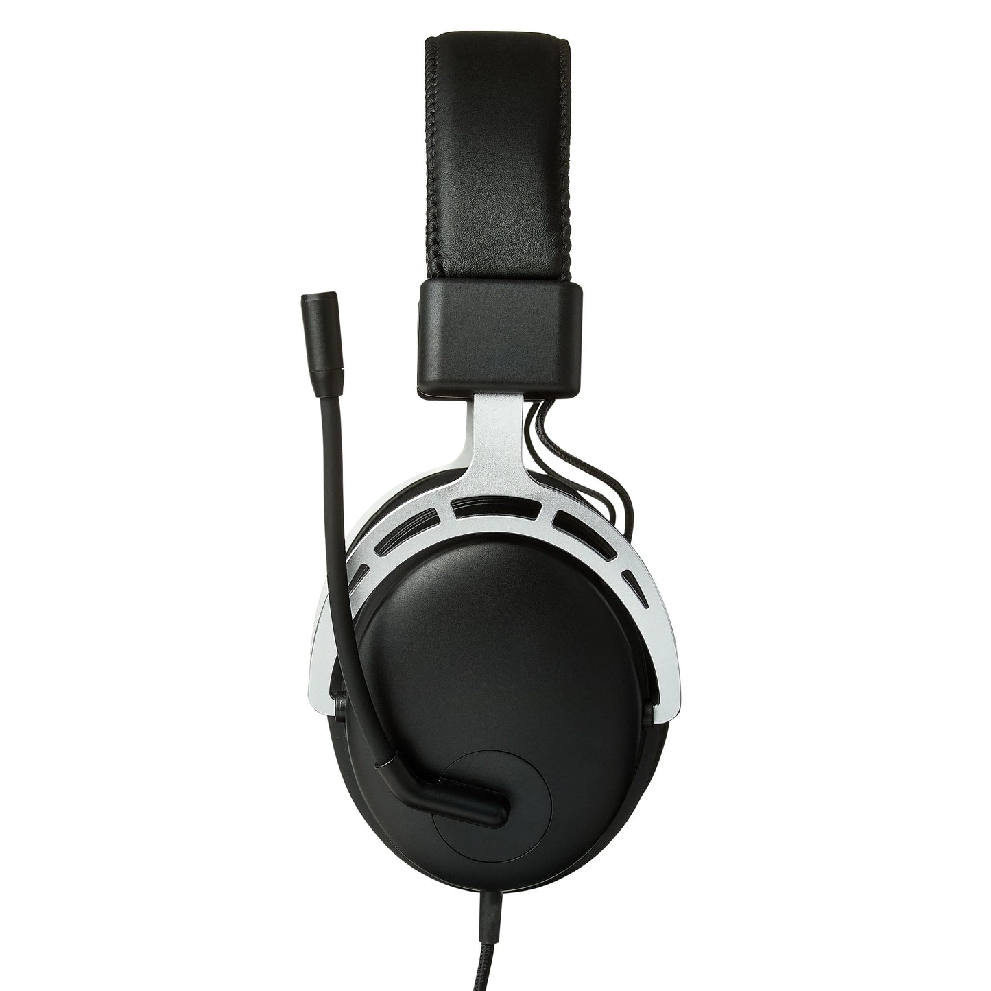 Black over-ear headset with cushioned headband and attached microphone boom on white background