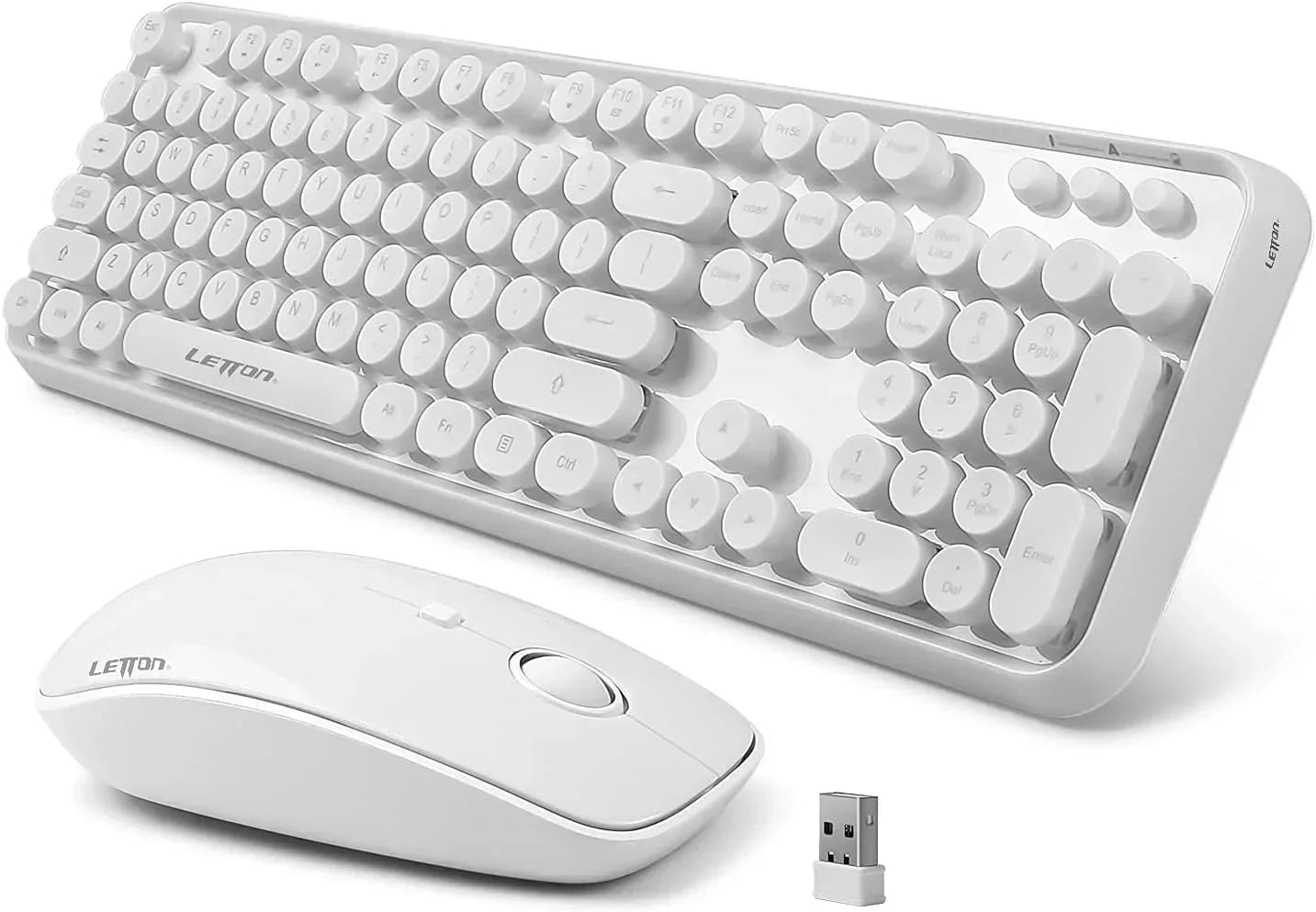 White wireless keyboard and mouse set with round keys and USB receiver, retro 8-bit style