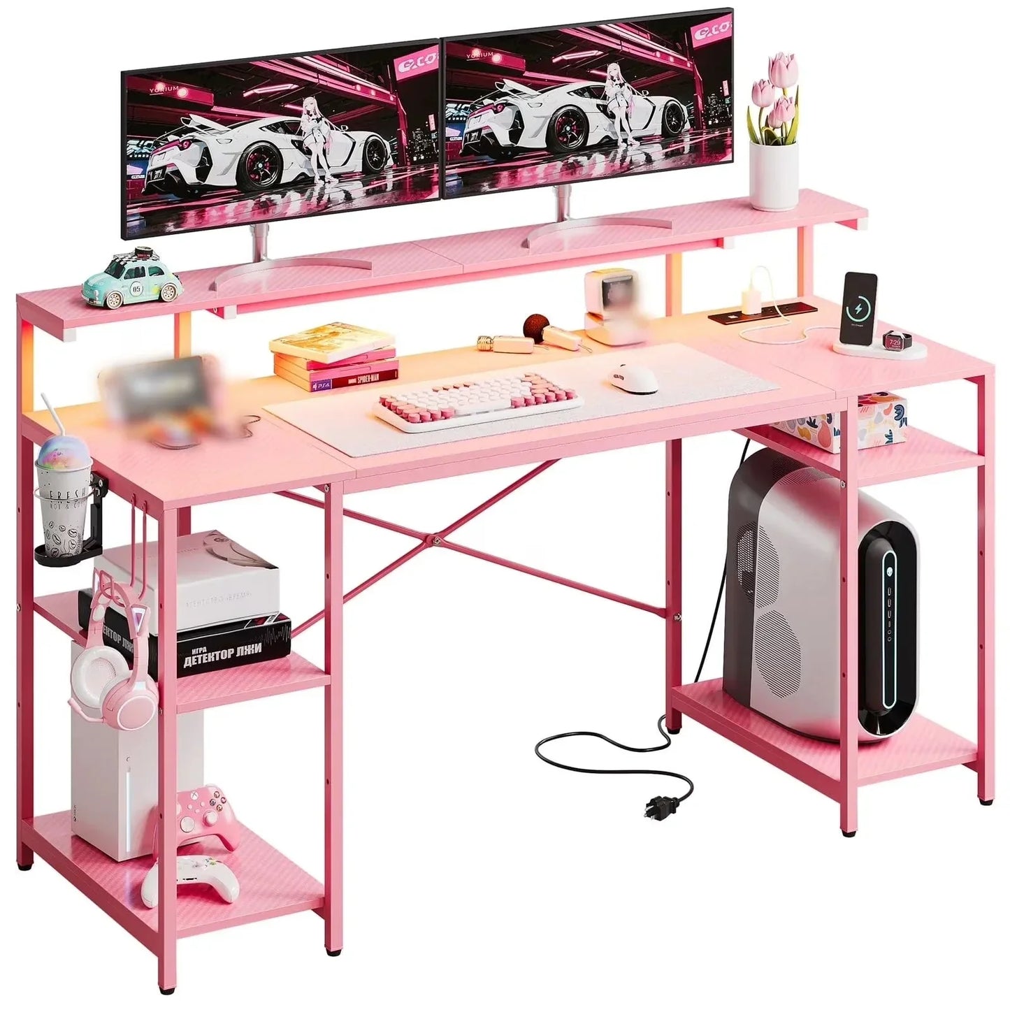 55" Pink Gaming Computer Desk with LED Light & Monitor Stand Corner Desk for Home Office, Pink Carbon Fiber