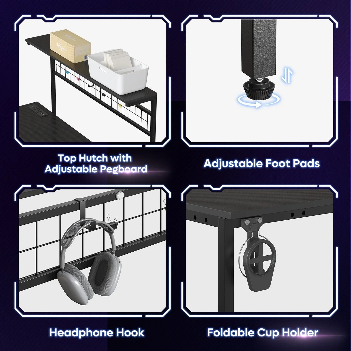 Black desk features top hutch with pegboard, adjustable foot pads, headphone hook, and foldable cup holder