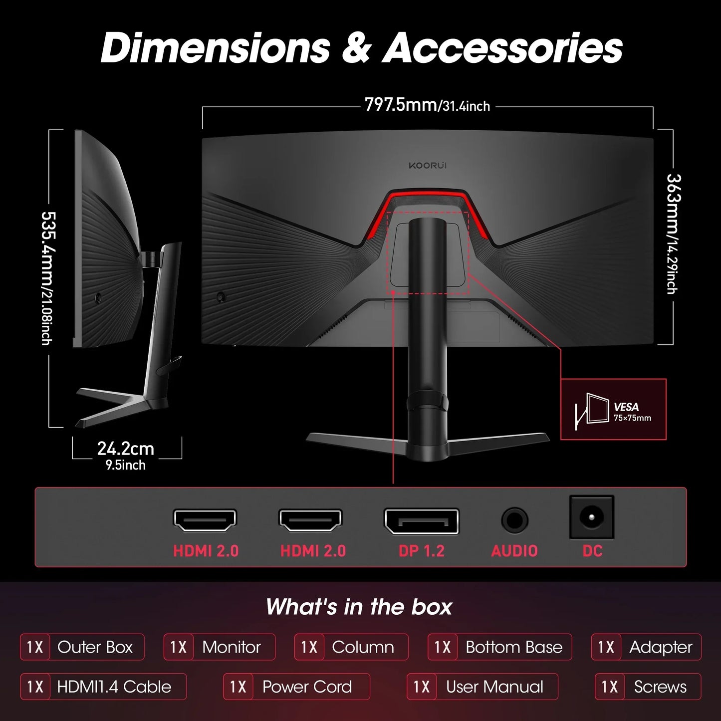KOORUI curved monitor rear view with dimensions and ports HDMI 2.0, DP 1.2, audio, VESA mount 75x75mm