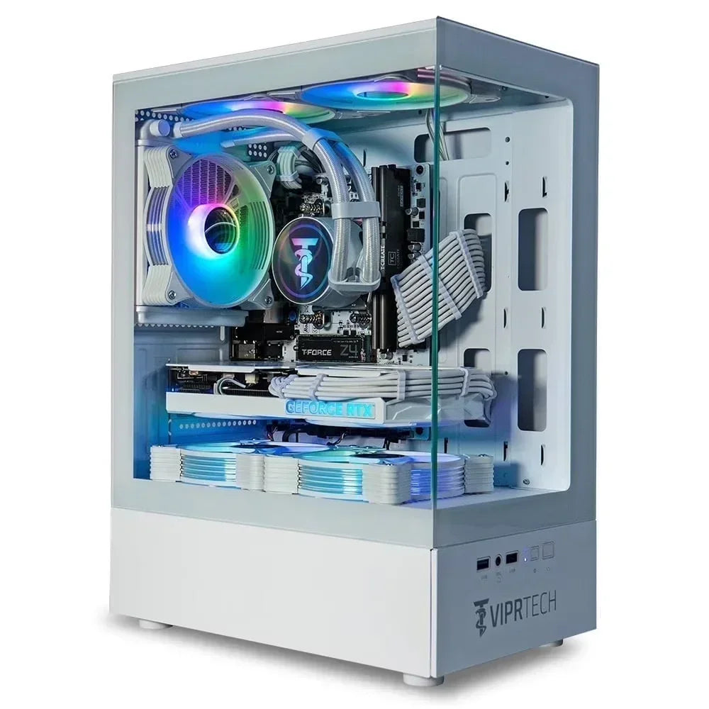 White gaming PC with RGB lighting, tempered glass side panel, GeForce RTX, and custom cooling.