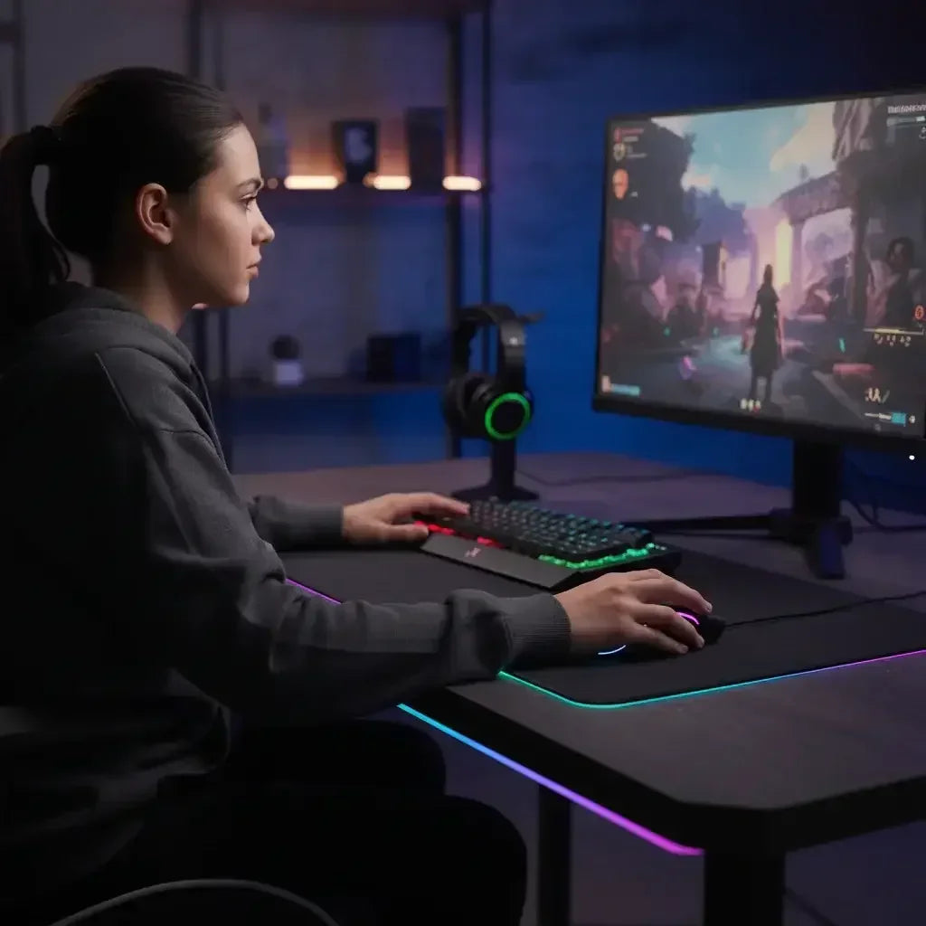 Woman gaming on PC with RGB mechanical keyboard and mouse in dark room with headset