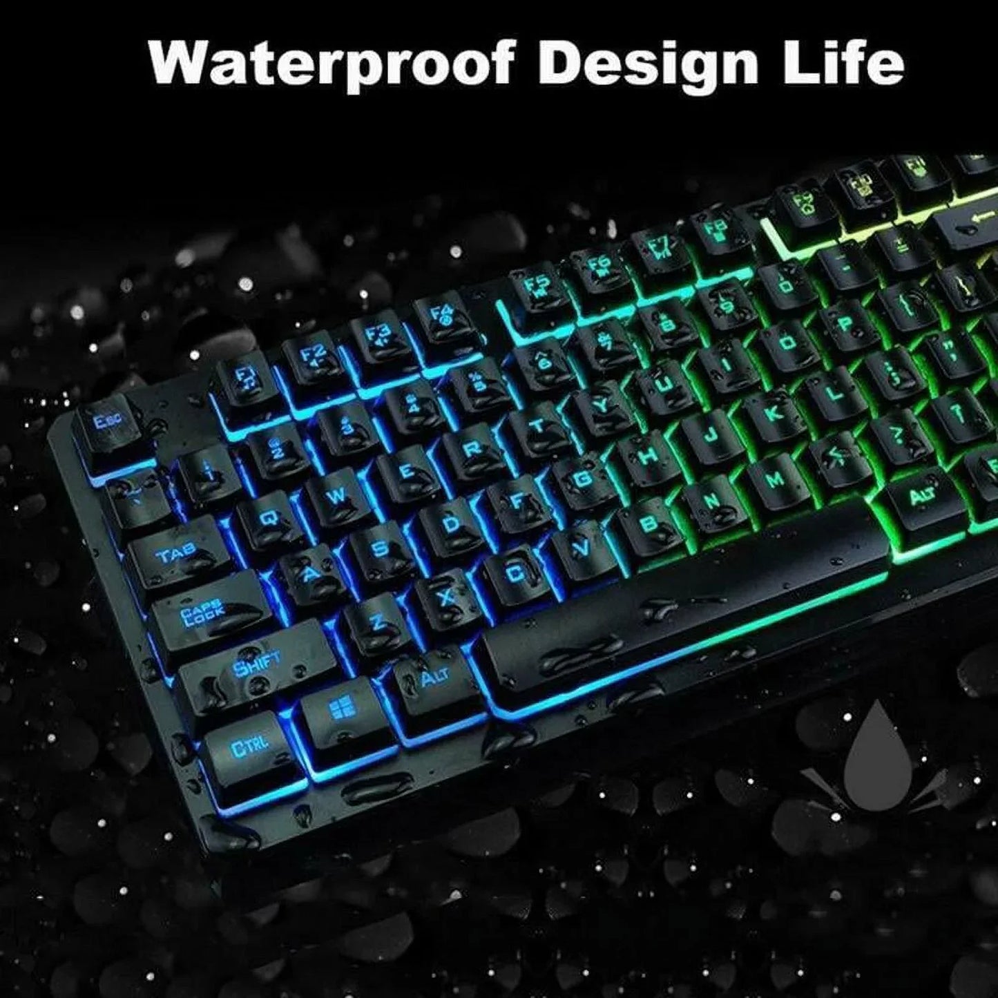 Waterproof RGB gaming keyboard with blue and green backlit keys covered in water droplets