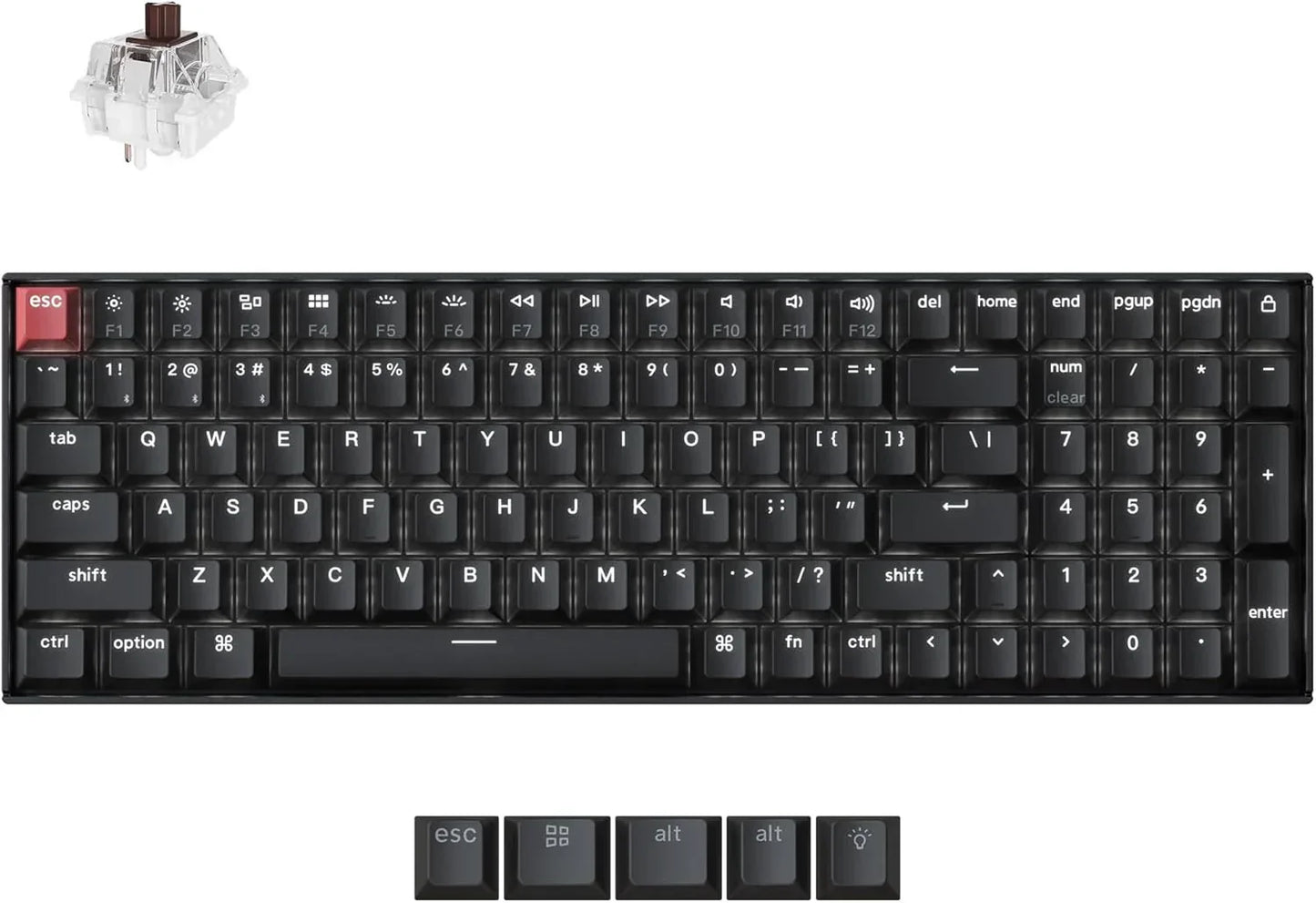 Black mechanical gaming keyboard with red escape key, extra keycaps, and brown switch, Byte Style