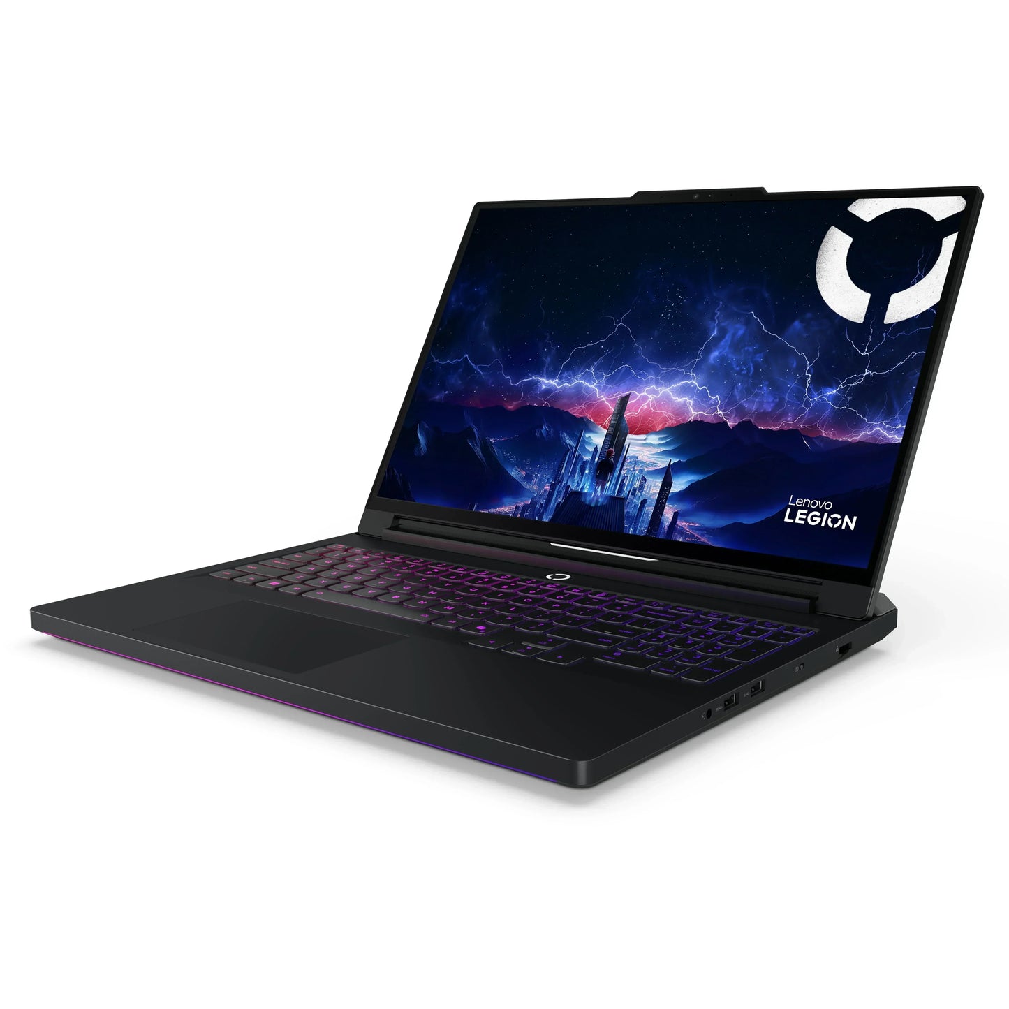 Gaming laptop with RGB backlit keyboard and futuristic game on screen