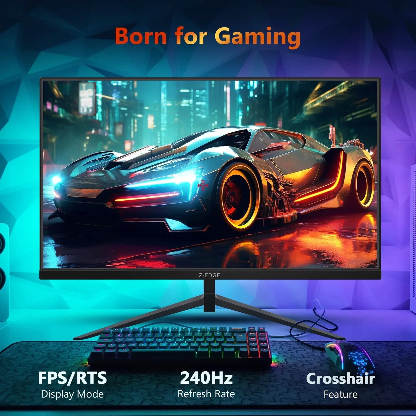 Z-Edge gaming monitor with racing car wallpaper, RGB keyboard and mouse on desk, 240Hz refresh rate