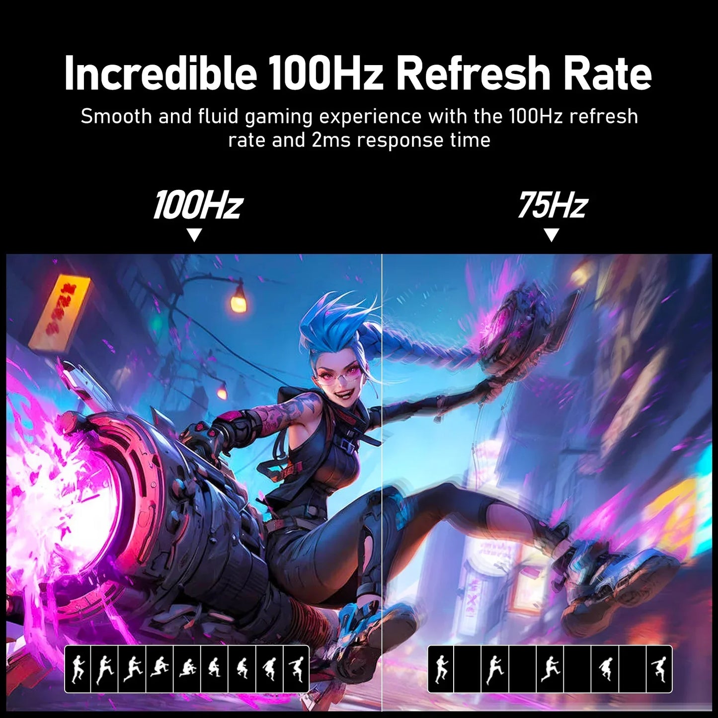 Gaming character with blue hair riding a large weapon, comparison of 100Hz and 75Hz refresh rates showing motion clarity