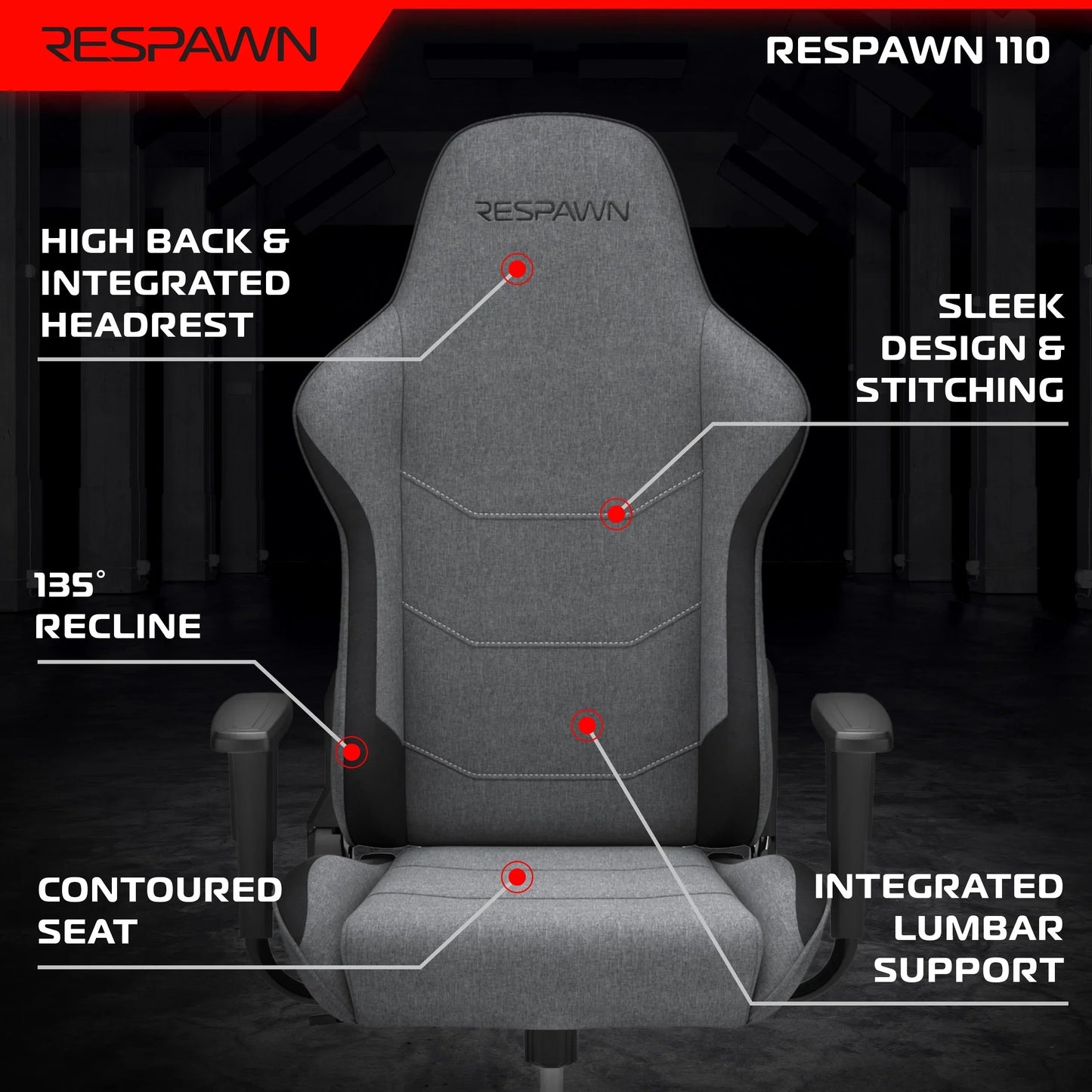 Respawn 110 gray gaming chair with high back, integrated headrest, lumbar support, contoured seat, 135° recline, and sleek stitching