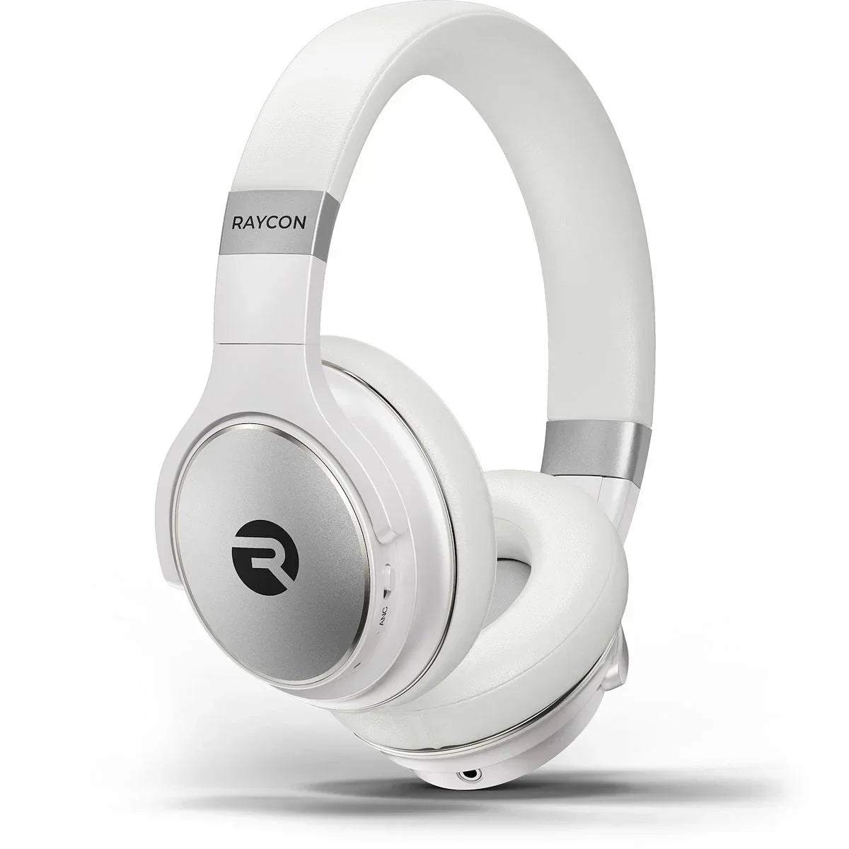 White Raycon over-ear wireless gaming headset with padded ear cups and silver accents
