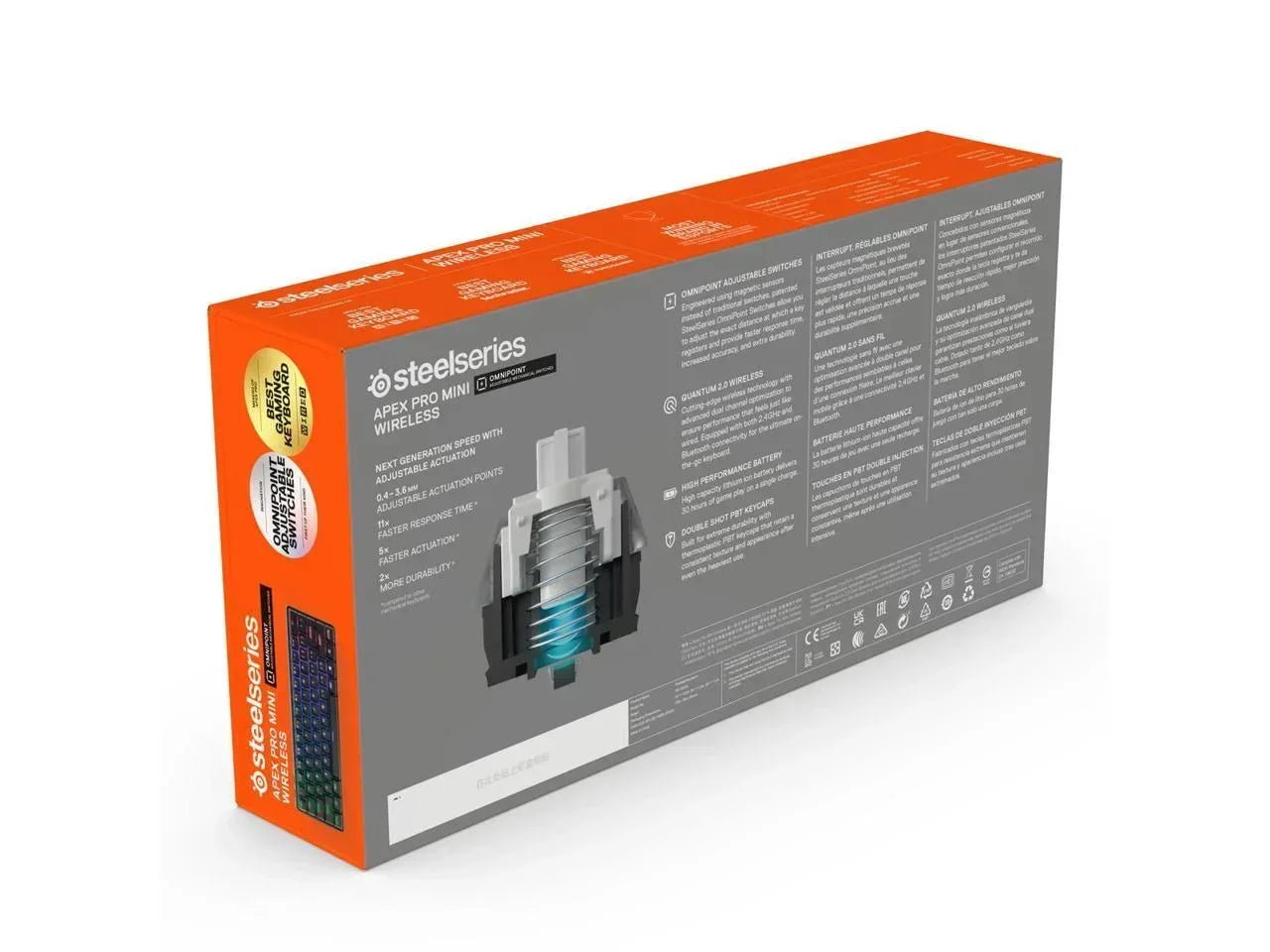 SteelSeries Apex Pro Mini Wireless keyboard retail box with Omnipoint switch graphic, gaming gear