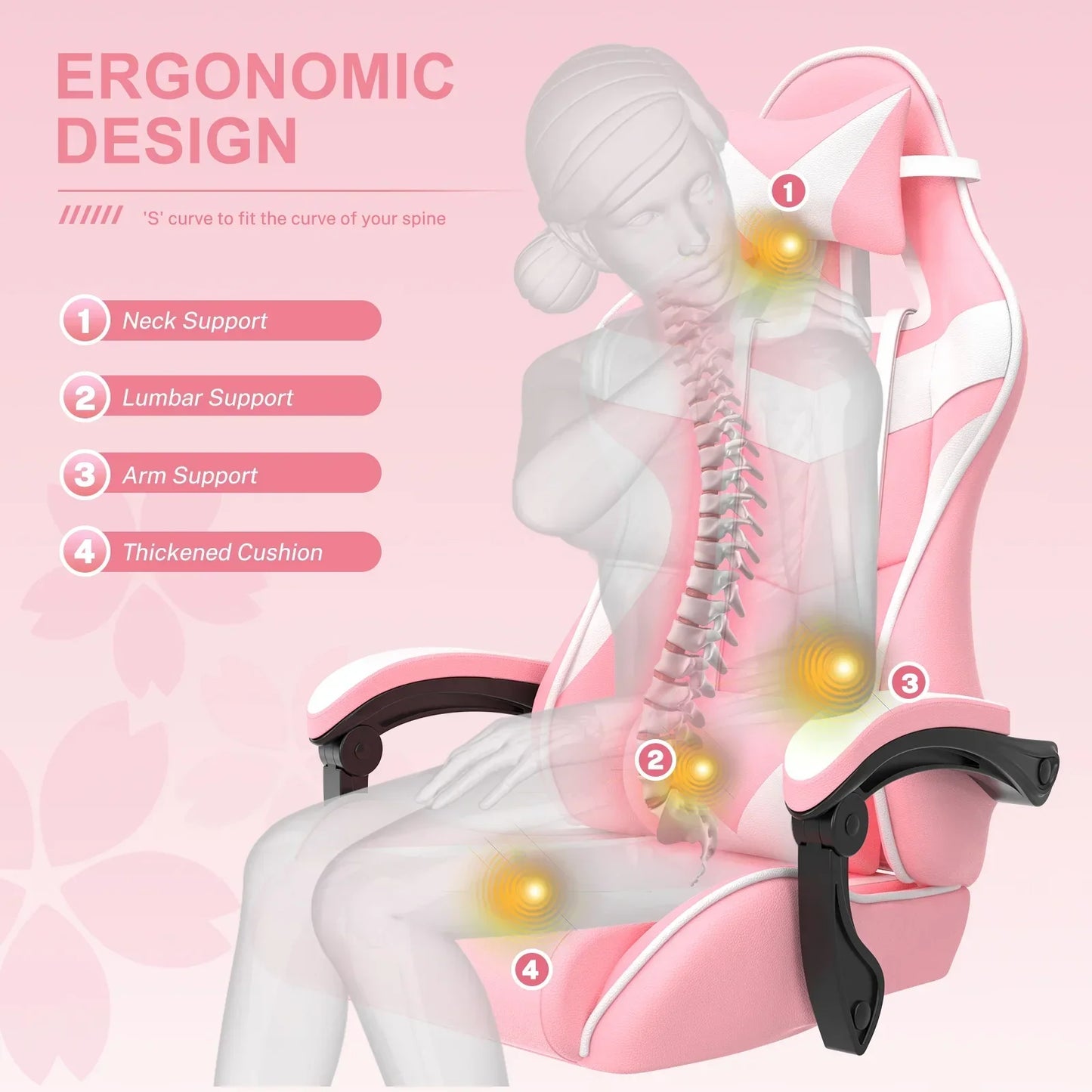 Ergonomic pink and white gaming chair with neck, lumbar, arm support and thickened cushion for spinal alignment