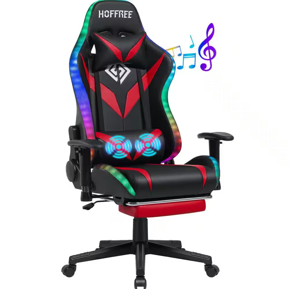 RGB gaming chair with massage lumbar support, music sync lights, and red accents for PC setup