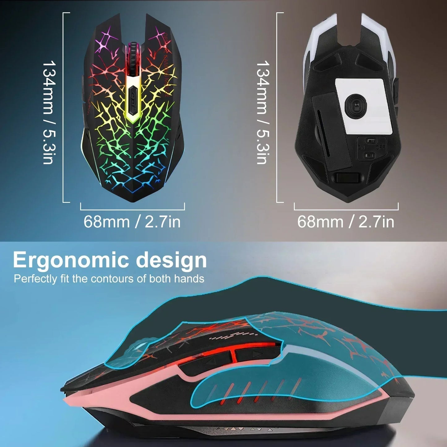 Ergonomic RGB gaming mouse with cracked light pattern, 134mm x 68mm, ambidextrous design