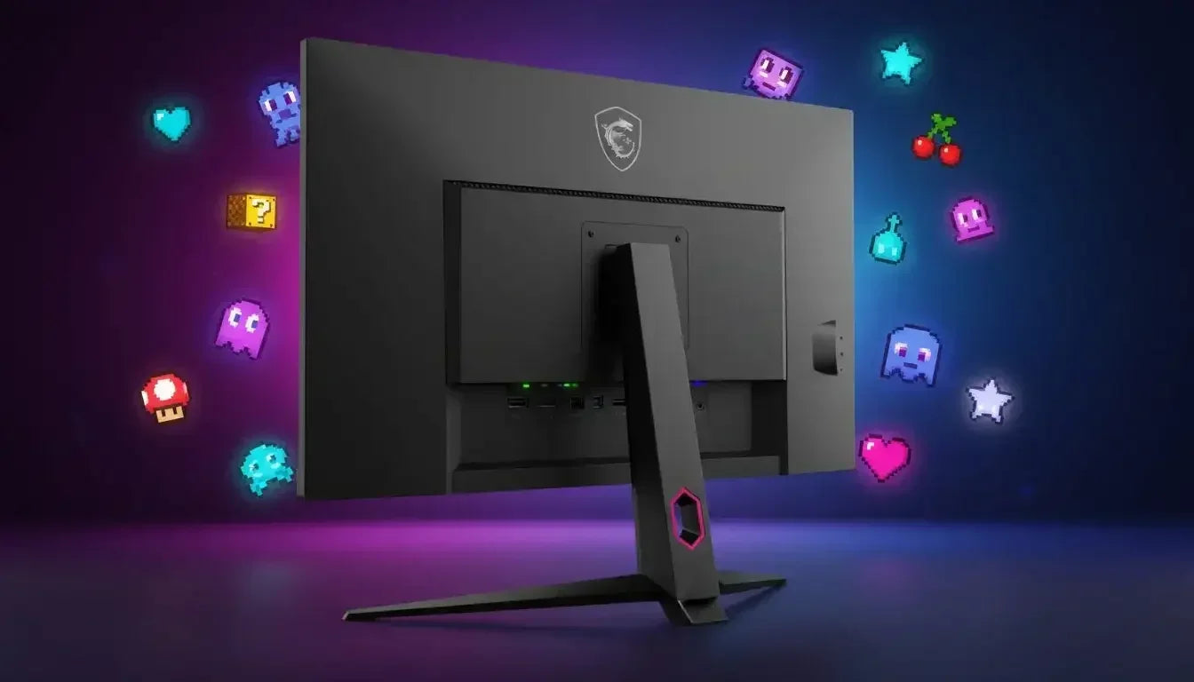 Rear view of MSI gaming monitor with pixel art game icons and colorful neon lights