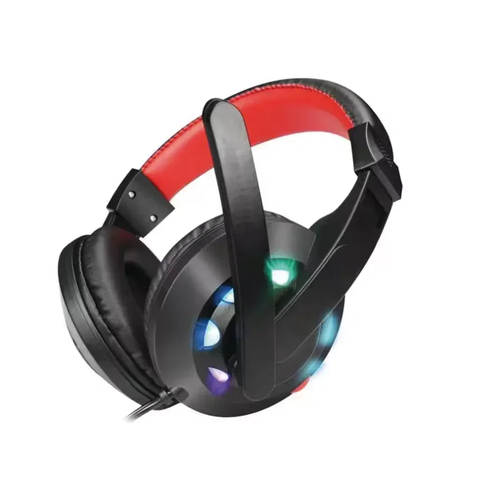 Black gaming headset with red headband and multi-color LED lights on earcups