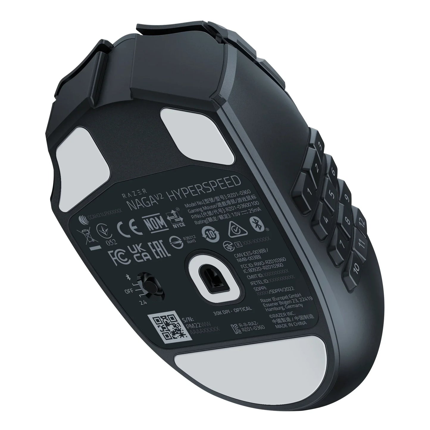 Black Razer Naga V2 Hyperspeed gaming mouse bottom view with 12 side buttons, glide pads, DPI sensor