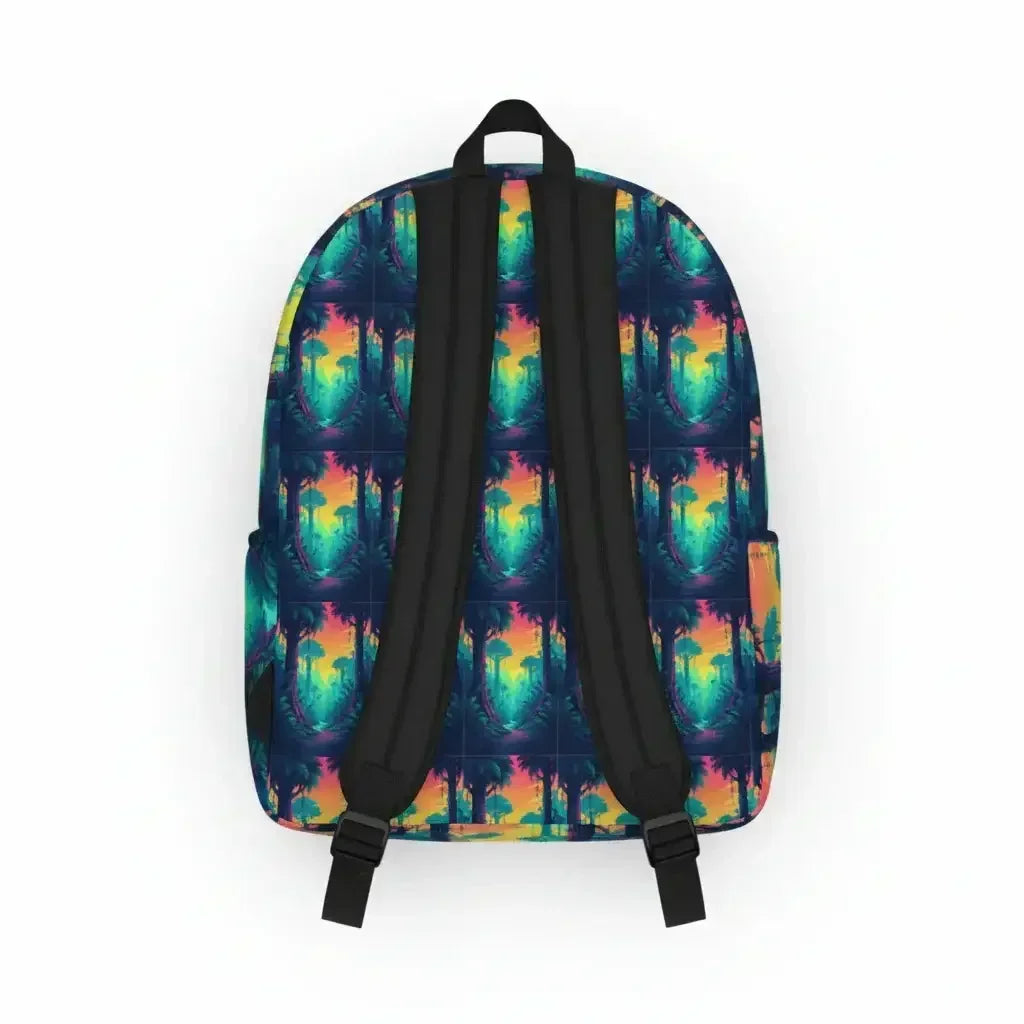 Backpack with tropical sunset and palm tree pattern, featuring padded black shoulder straps