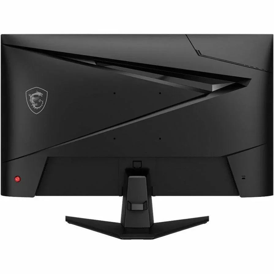 Back view of MSI black gaming monitor with angular design and dragon logo on stand