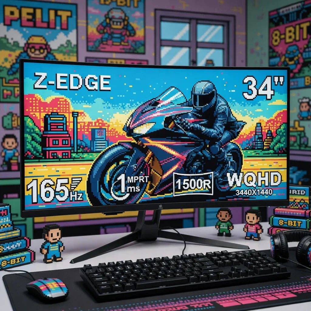 Retro 8-bit gaming setup with Z-EDGE 34-inch monitor, mechanical keyboard, mouse, and pixel art decor.
