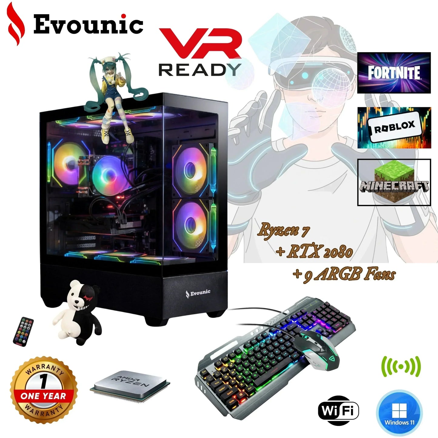 RGB gaming PC with Ryzen 7, RTX 2080, ARGB fans, VR ready, keyboard, mouse, and Windows 11