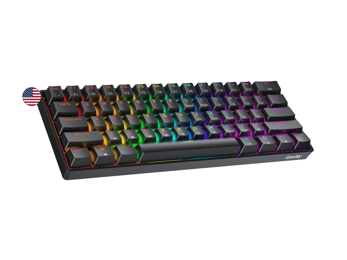 Geeky GK61 SE 60% mechanical gaming keyboard with RGB backlit keys, compact US layout.