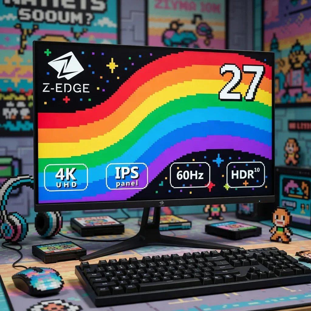 Retro gaming setup with 4K UHD monitor, mechanical keyboard, pixel art mouse and headset
