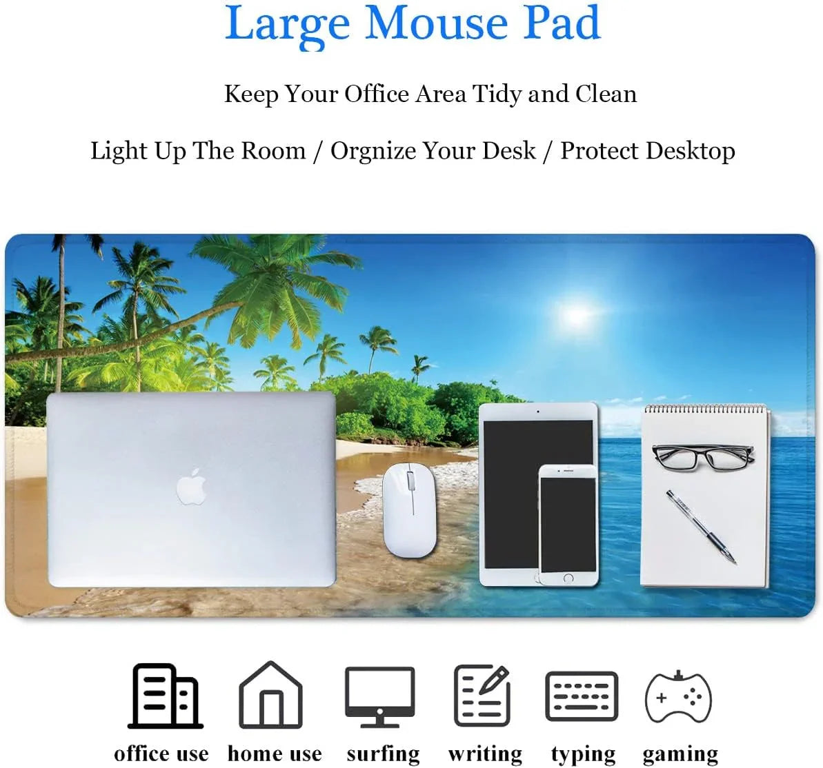 Large mouse pad with tropical beach design featuring palm trees, ocean, and sunny sky for office and gaming use